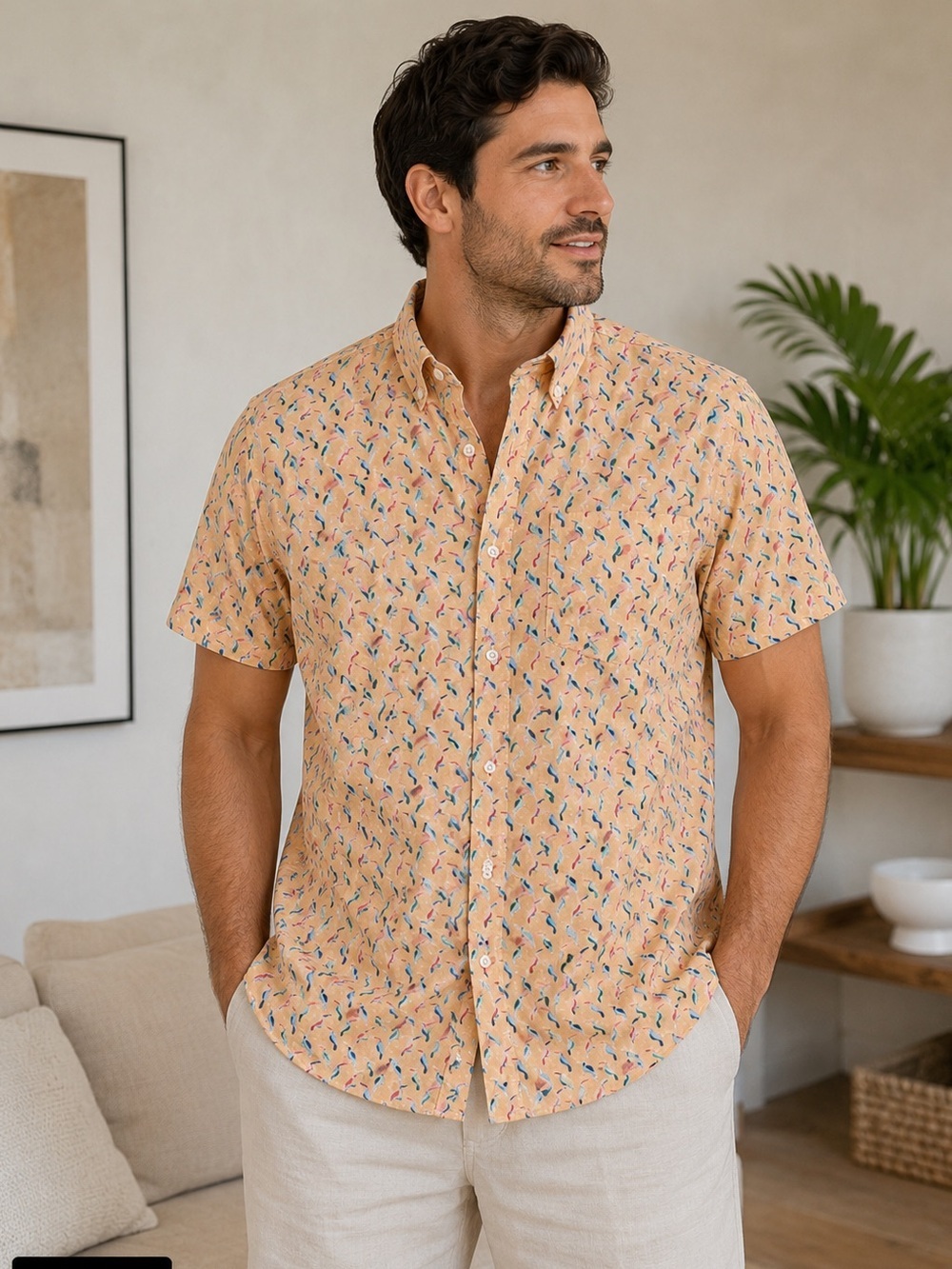 Johnston & Murphy Peach Short-Sleeve Printed Button-Down Shirt